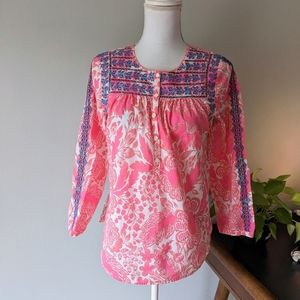 J.Crew Floral Pink Embroidered Blue Detail Blouse Button Neck Blouse Women's 4